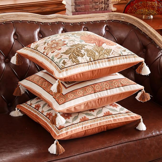Throw Pillow Covers Pack of 2,Orange Floral Farmhouse with Wild Flowers Pattern Cozy Velvet Pillowcases,Decoration Square Pillows Cushion Covers for Couch Sofa Bed Car Chair,18"x18"