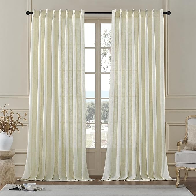 MASWOND Natural Pinch Pleated 108 Inch Curtains 2 Panels for Living Room Semi Sheer Linen Curtains Pinch Pleat Drapes for for Living Room Pinch Drapes with Hooks 50" Wx108 L