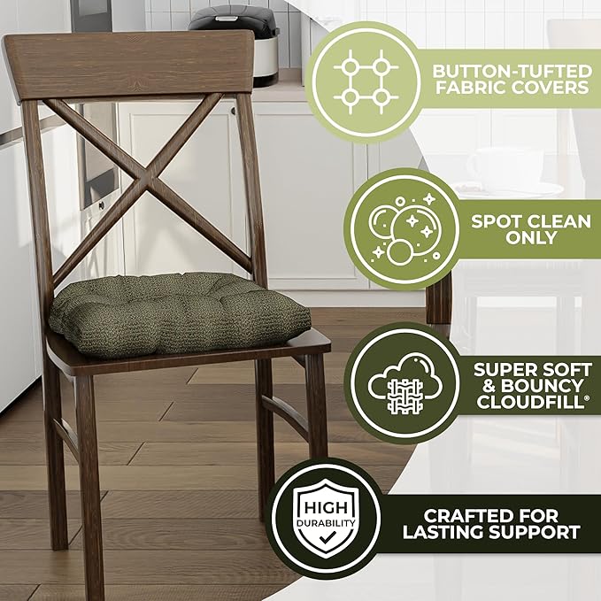 Klear Vu Gripper Overstuffed Universal Non-Slip Dining Chair Cushions for Kitchen Decor or Office Use, U-Shaped Skid-Proof Seat Pad, 17x17 Inches, 2 Count (Pack of 1), Honeycomb Green