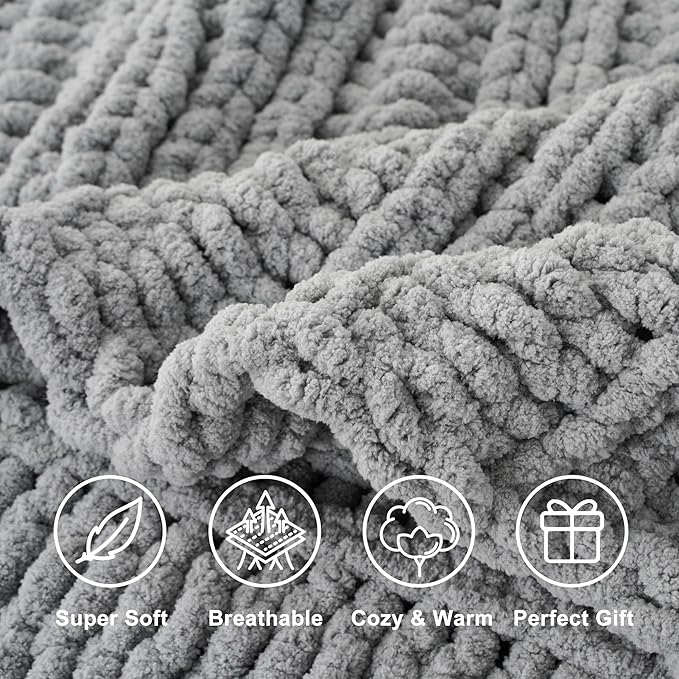 Battilo Light Grey Chunky Knit Throw Blanket for Couch, Thick Warm Cozy Soft Chenille Throw Blanket, Handmade Cable Knit Blanket for Sofa,Bed, Living Room, 50"x60"