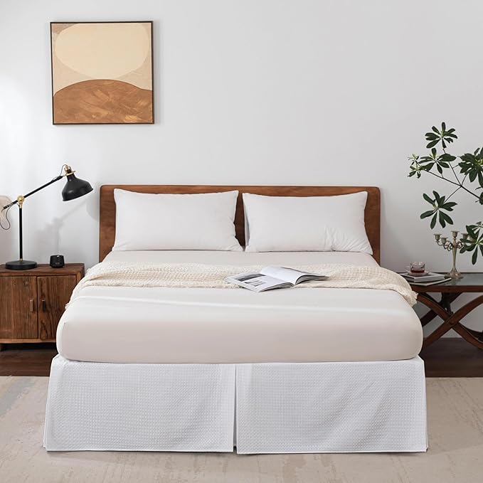 Queen Bed Skirt, Wrap Around Bed Skirt with Pleated Corner, 16 Inch Drop Pleated Waffle Weave Bedskirts, Anti-Slip, Microfiber, White, 16'' Queen