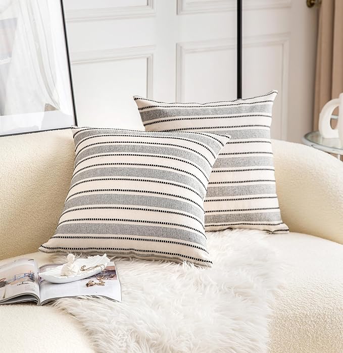 Decorative Boho Throw Pillow Covers, Farmhouse Textured Pillow Case, 20 x 20 Inch Set of 2, Chair Sofa Bedroom Living Room Home Decor Couch Cushion Case, Black and Beige Striped