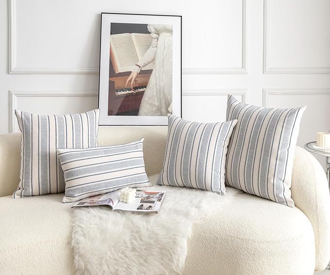 Decorative Boho Throw Pillow Covers, Farmhouse Textured Pillow Case, 20 x 20 Inch Set of 2, Chair Sofa Bedroom Living Room Home Decor Couch Cushion Case, Classic Blue and Beige Striped
