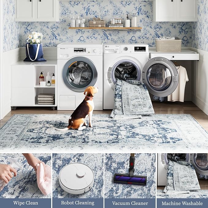 jinchan Fiora Washable Area Rug 3x5 Entryway Rug Distressed Vintage Floral Ultra-Thin Low-Pile Soft Non-Shedding Indoor Floor Carpet for Kitchen Bedroom Entrance Laundry Living Room(3x5ft, Dark Blue)