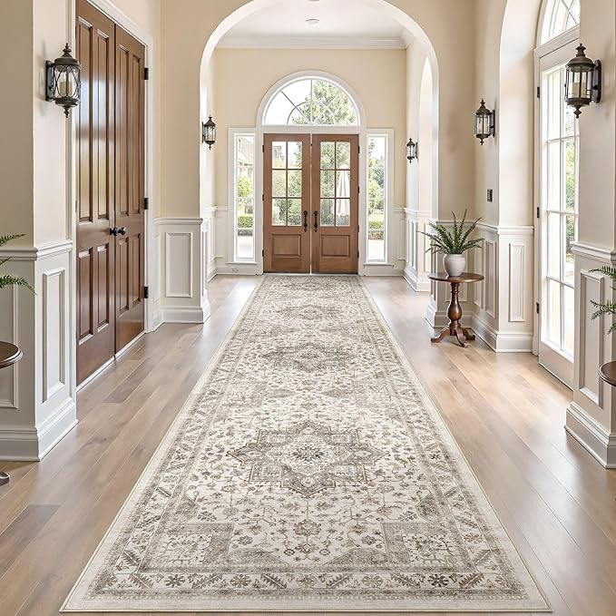 Vintage Hallway Runner Rug 3x12: Large Soft Washable Entryway for Kitchen Laundry Room Non-Slip Backing Runner for Entrance Living Room Bedroom Bathroom - Light Brown