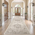 Vintage Hallway Runner Rug 3x12: Large Soft Washable Entryway for Kitchen Laundry Room Non-Slip Backing Runner for Entrance Living Room Bedroom Bathroom - Light Brown