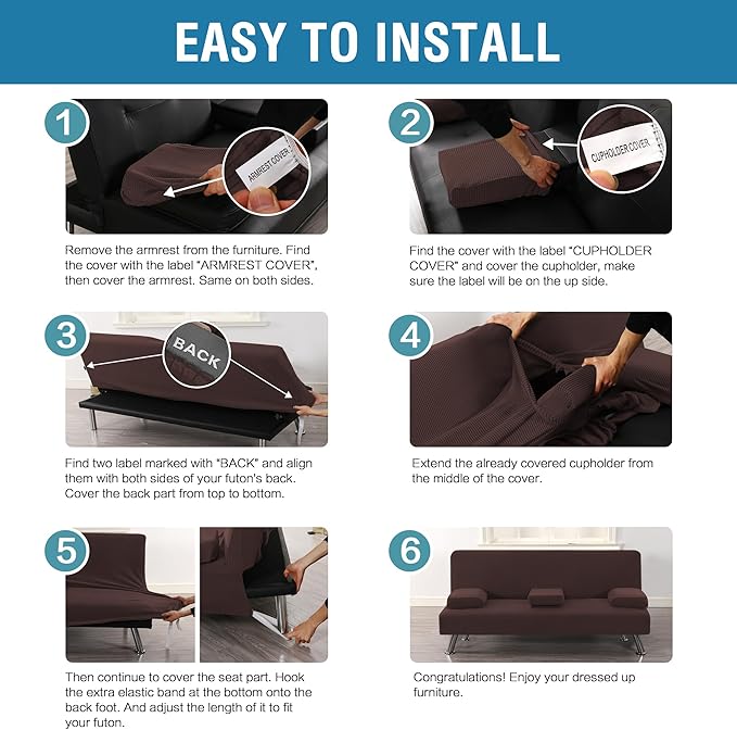 H.VERSAILTEX 4 Pieces Stretch Futon Covers Sofa Bed Slipcover with Removable Armrests and Cupholders Covers Furniture Protector High Spandex Small Checks Jacquard Fabric, Chocolate