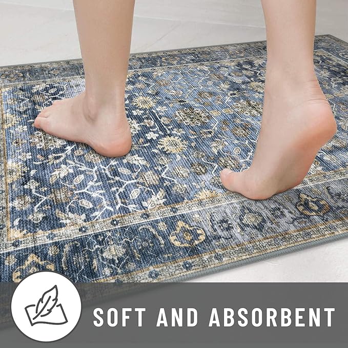 KUTA Vintage Washable Runner Rug, 2x7 Blue Grey Beige Runners for Hallways Non-Slip Kitchen Rugs Ultra Thin Soft Printed Distressed Oriental Floral Floor Carpet for Laundry Bedroom Living Room