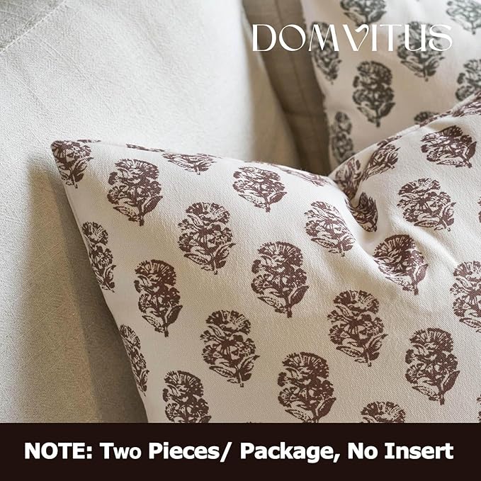 DOMVITUS Set of 2 Floral Pillow Covers 20x20, Block Print Pillow Covers Vintage Neutral Decorative Farmhouse Throw Pillow Covers for Couch Bed Living Room Brown