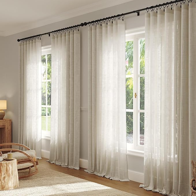 Anmao Natural Linen Curtains for Living Room 80 Inch Length 2 Panels Set, Light Filtering Semi Sheer Window Curtain Drapes for Bedroom with Curtain Rings and Clips, 52 Inch Wide Each Panel, Linen