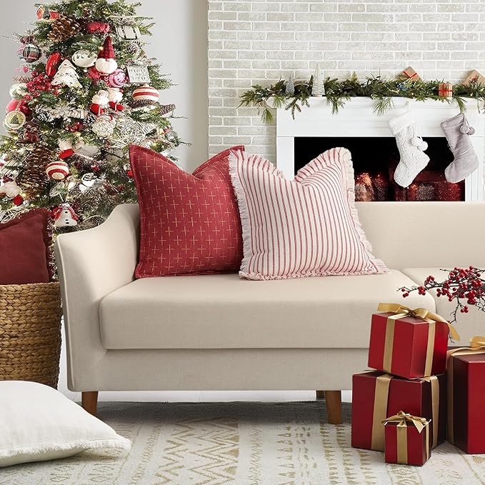 ZWJD Throw Pillow Covers 12x20 Set of 2 Striped Pillow Covers with Fringe Chic Cotton Decorative Pillows Square Cushion Covers for Sofa Couch Bed Living Room Farmhouse Decor