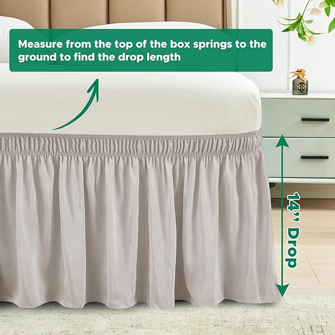 Biscaynebay Wrap Around Bed Skirts for Queen Beds 14" Drop, Camel Grey Adjustable Elastic Dust Ruffles Easy Fit Wrinkle Resistant Silky Luxurious Fabric Machine Washable