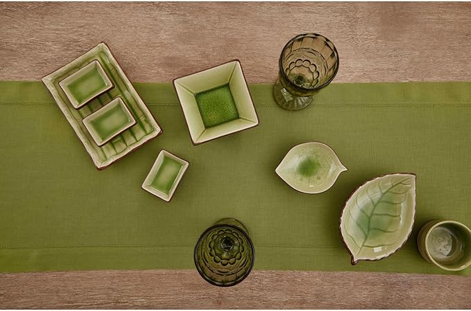 Solino Home Linen Avocado Green Table Runner 72 Inches Long - 100% Pure Linen Hemstitch Table Runner 14 x 72 Inch for Dresser, Dining - Classic Hemstitch