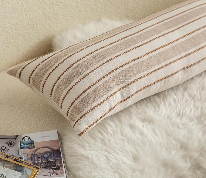 Decorative Boho Lumbar Pillow Covers, Modern Farmhouse Couch Pillowcase, 14 x 36 Long Accent Body Throw Pillow Covers, Sofa Bed Living Room Decor Cushion Case, Brown and Beige, Pack of 1