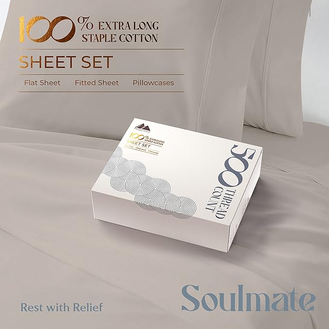 Mayfair Linen 100% Cotton Bed Sheets Queen Set - 500 Thread Count Cotton Sheets for Queen Size Bed, 4 PC Set (Taupe), Ultra Soft, Cooling, Sateen Weave 16" Deep Pocket Bedsheet for Hot Sleepers