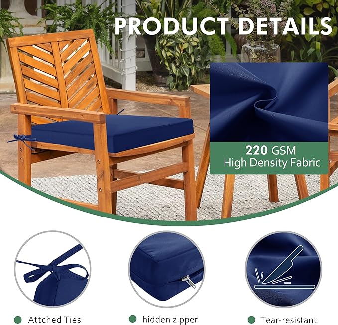 Outdoor Chair Cushions Set of 2: Waterproof & Fade Resistant Deep Seat Cushion for Patio Furniture - 24 x 24 x 3 Inch Chair Pads with Ties and Hidden Zipper - Patio Chair Cushion Replacement, Navy