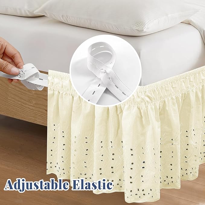 King Bed Skirt, Wrap-Around Elastic Ruffled Eyelet Bed Skirt King Size Dust Ruffle with Gathered Styling and Embroidered Details, 14" Drop Length (Light Yellow)
