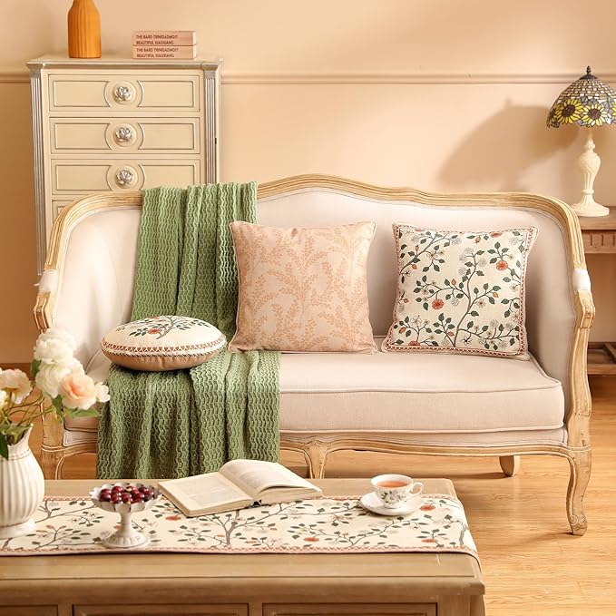 ISAENNE Design Linen Classic Throw Pillow Covers 18"x18", French Farmhouse Square Cushion Covers with Beige Branch Floral Pattern Decoration Pillowcases for Bed,Living Room,Outdoor,Car