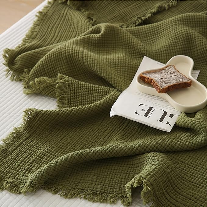 MorroMorn 100% Cotton Muslin Blanket with Fringes Twin Size 60"x80", 4-Layer Gauze Blankets for Adults, Boho Bedding Breathable Lightweight Ultra-Soft for Couch Bed All Seasons, Olive Green