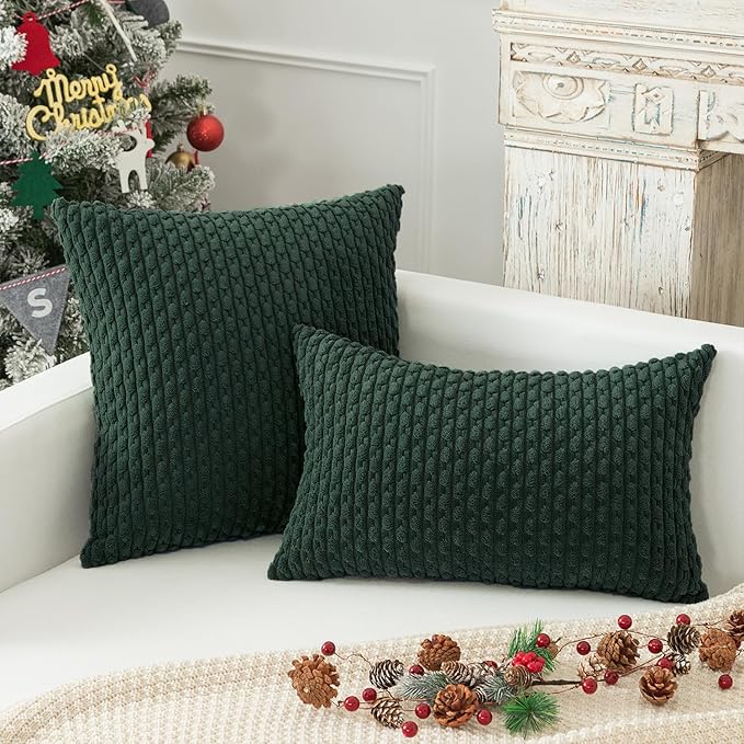 Kevin Textile 14x24 Inch Pillow Cover 1 Pack Boho Christmas Decorative Soft Striped Corduroy Lumbar Farmhouse Color Accent Rectangle Cushion Case for Living Room Couch Sofa Bed, Army Green