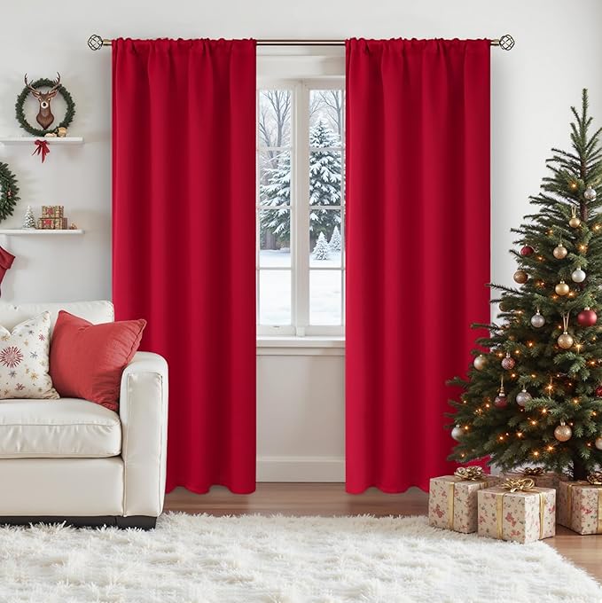BGment Red Blackout Curtains 90 Inch Length for Living Room - Rod Pocket Thermal Insulated Drapes Room Darkening Christmas Decor for Bedroom Ding Room, 52 x 90 Inch, 2 Panels