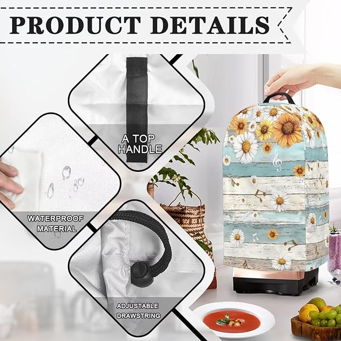 Kitchen Blender Food Processor Dust Cover with Top Handle and Drawstring, Dust Protection Easy to Clean Small Appliance Juicer Coffee Maker Cover Sunflower Daisy Blue Wood Grains