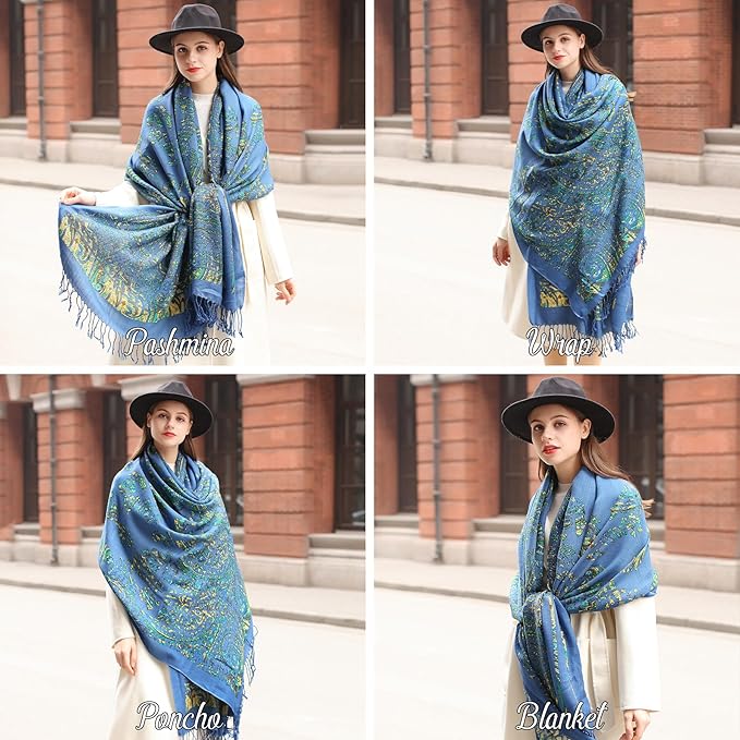 DANA XU 100% Merino Wool Pashmina Shawl for Women 96"x43", Oversized Cashmere Wrap with Tassels, Floral Travel Blanket Cape