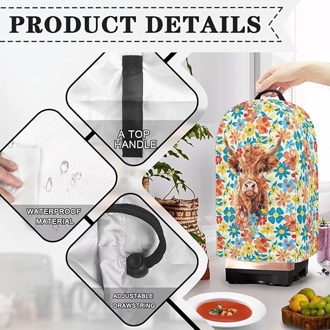 Kitchen Blender Dust Cover with Drawstring and Handle, Floral Highland Cow Print Dust Protection Easy to Clean Small Appliance Food Processor Coffee Maker Cover