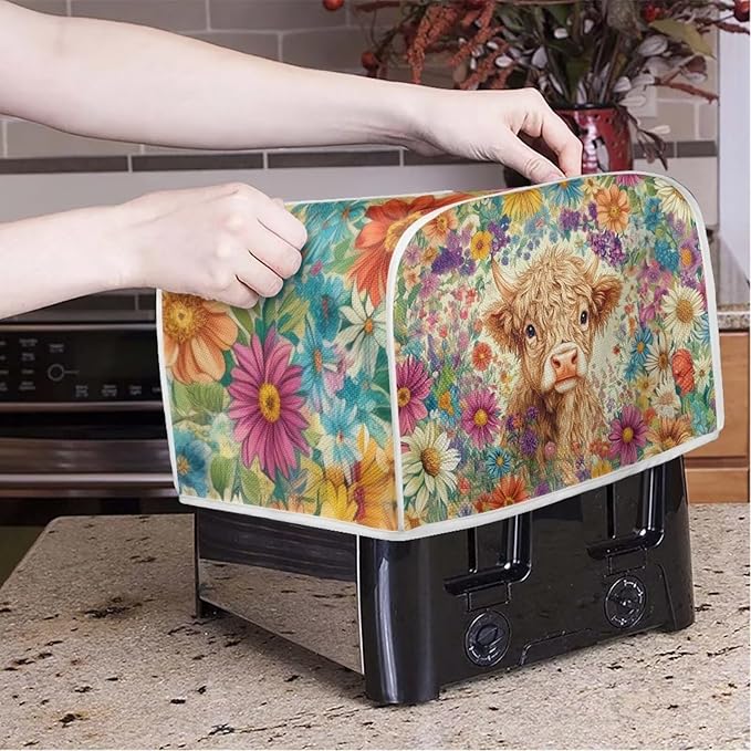 ZFRXIGN Flower Highland Cow Toaster Covers 2 Slice Toaster Dust Cover Hippie Toaster Bag Kitchen Appliance Covers Toaster Oven Dustproof Cover Washable Western Cattle Toaster Cover