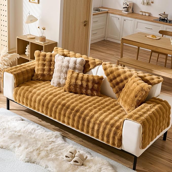 Faux Fur Couch Cover Fuzzy Soft Plush Thick Bubble Sofa Cover Luxury Sectional Couch Covers Luxury Anti-Slip Sofa Slipcover Washable Furniture Protector (Brown Yellow,28"x59")