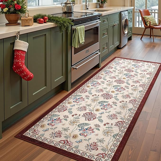 jinchan Elora 3x8 Floral Runner Rug for Hallway Washable Runner Vintage Romance Christmas Design Non Slip Thin Indoor Floor Cover Low-Profile Throw Carpet for Entryway Bathroom Bedroom, Red/Beige