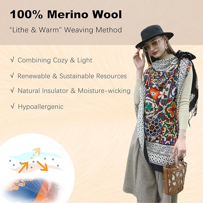 DANA XU 100% Merino Wool Extra Large Pashmina Blanket Travel Scarf Cashmere Wrap for Women Fall Winter Oversize Shawl Floral