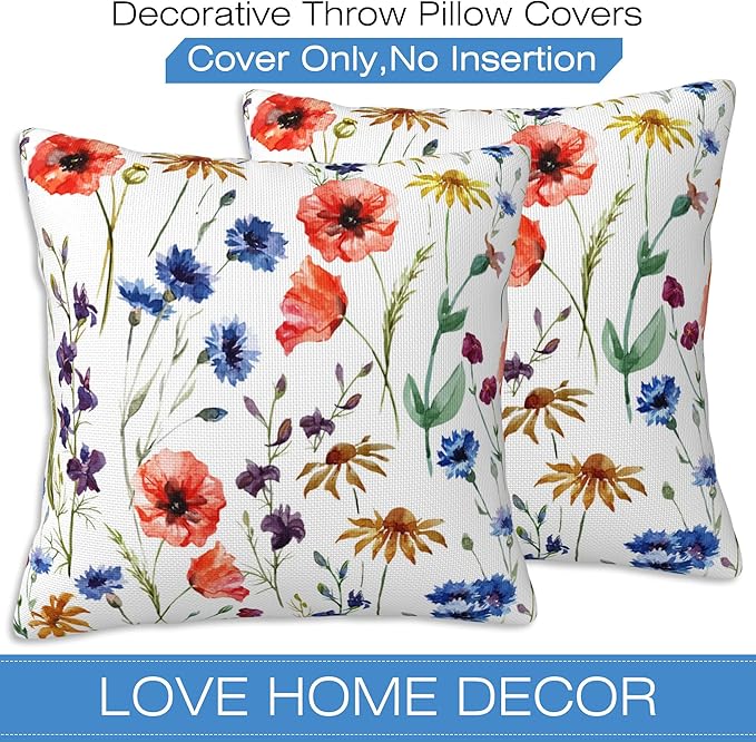 Wildflowers Throw Pillow Covers Set of 2 Watercolor Poppy Pillow Covers 16x16 Inch Modern Farmhouse Home Decorative Pillow Cases Cushion Cover for Sofa Living Room Office