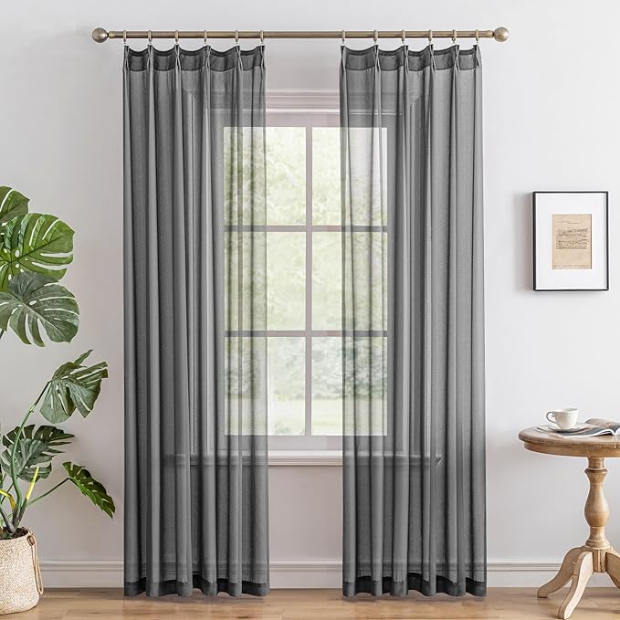 MAIHER Pinch Pleated Grey Sheer Curtains 84 Inch Length for Bedroom Soft Touch Light Filtering Lightweight Pleated Drapes with Adjustable Hooks (No Rings), Grey, 42" W x 84" L, 2 Panels