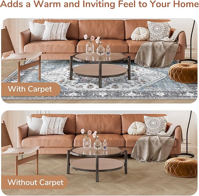 OPPODREAM Thin Area Rugs 9x12 Living Room, Washable Rugs 9x12 with Non Slip Backing, Faux Cashmere Low-Pile 9 x 12 Carpet, Grey & Teal & Yellow