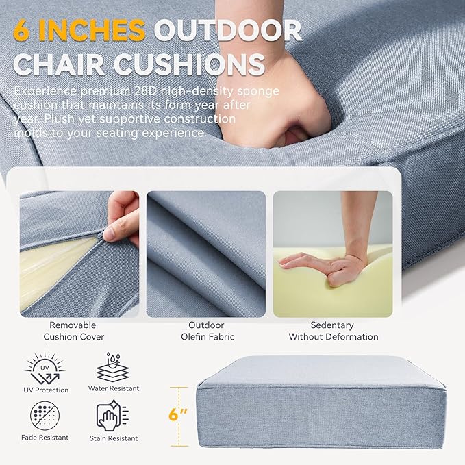 Outdoor Cushion Set for Furniture Patio Furniture, UV Resistant, Water Resistant - 6 Inch Thick Foam Garden Cushions– 22x24 Inch Patio Seat Covers for Chair/Sofa/Couch | Baby Blue | 6-Pack |