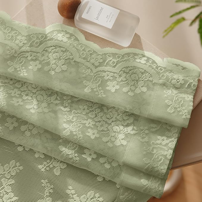 Anmao Vintage Lace Curtains 63 Inches Long 2 Panels Set, Romantic Elegant Light Filtering Semi Sheer Floral Thick Lacy Curtain Drapes for Living Room and Bedroom, Each Panel 55W x 63L, Dry Grass Green