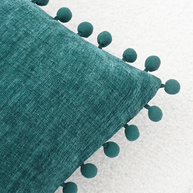 CaliTime Throw Pillow Covers Decorative 20 X 12 Inches Pack of 2 Cozy Solid Dyed Soft Chenille Cushion Cases with Pom Poms for Couch Sofa Bed Living Room Home Teal