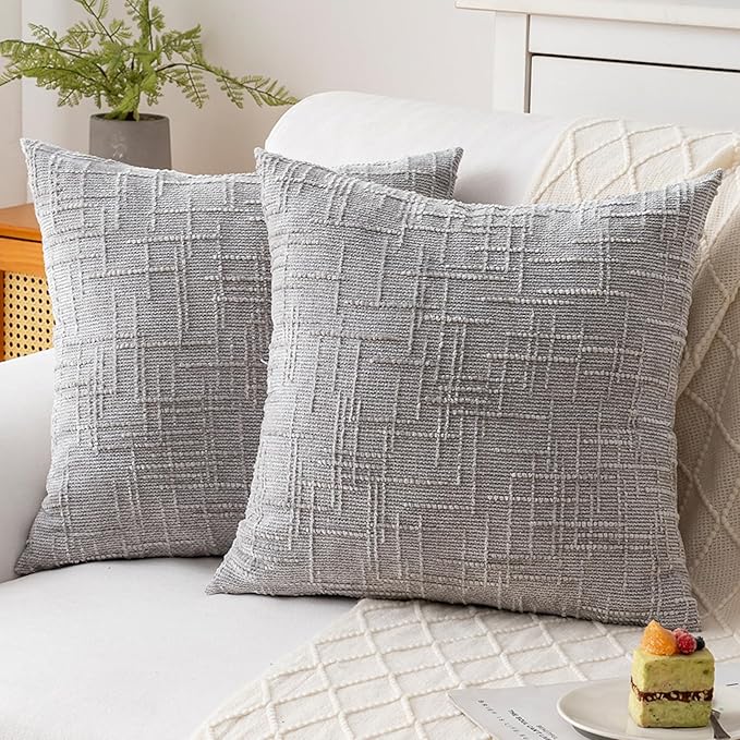 Decorative Throw Pillow Covers 20x20 Inch Set of 4, Soft Solid Farmhouse Chenille Couch Pillows, Spring Pillow Covers for Couch Sofa Bed Living Room Home Decor Pillowcase, Light Gray