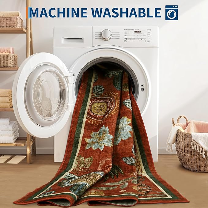 GarveeHome 9x12 Floral Washable Area Rug: Large Living Room Area Rug with Non-Slip Backing Washable Ultra Soft Bedroom Floral Carpet Indoor Stain Resistant Carpet for Dining Room 9 * 12 ft Brick Red