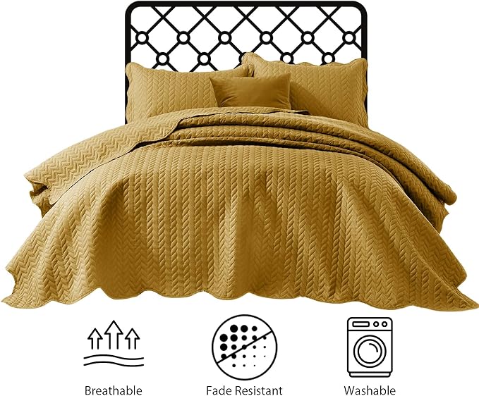 IR Imperial Rooms California King Quilt Bedding Set Size (118"x106") + 2 Pillow Shams (20" x 36"+ 2") - 3 Pcs All Season Reversible Microfiber Coverlet Embossed Quilt Bedspread (Ochre)