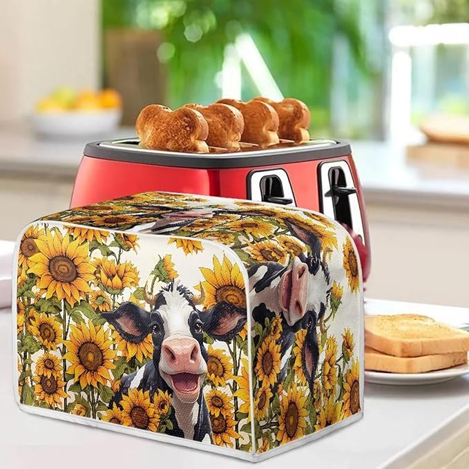 Sunflower Cow Printed Toaster Cover for 4 Slice Bread Maker, Anti Fingerprint Oven Dust Protector, Small Kitchen Appliance