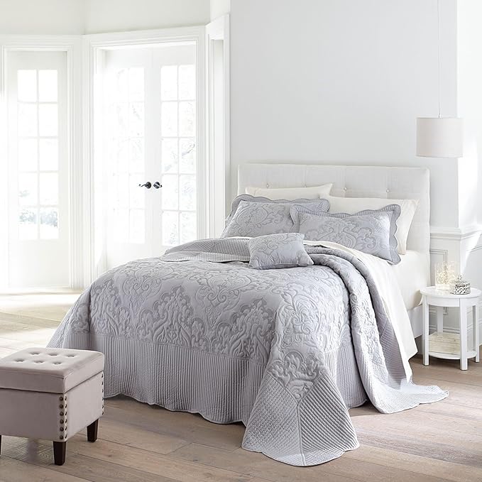 BrylaneHome Bedding Lightweight All Season Modern Amelia Quilted Damask Oversized Ultra Soft Bedspread - Twin, Grey