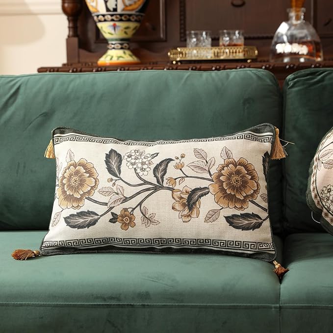 ISAENNE Design Linen Chinoiserie Rectangle Throw Pillow Covers 12"x20", Farmhouse Cushion Covers with Yellow Floral Birds Pattern Decoration Pillowcases for Bed,Living Room,Outdoor,Car
