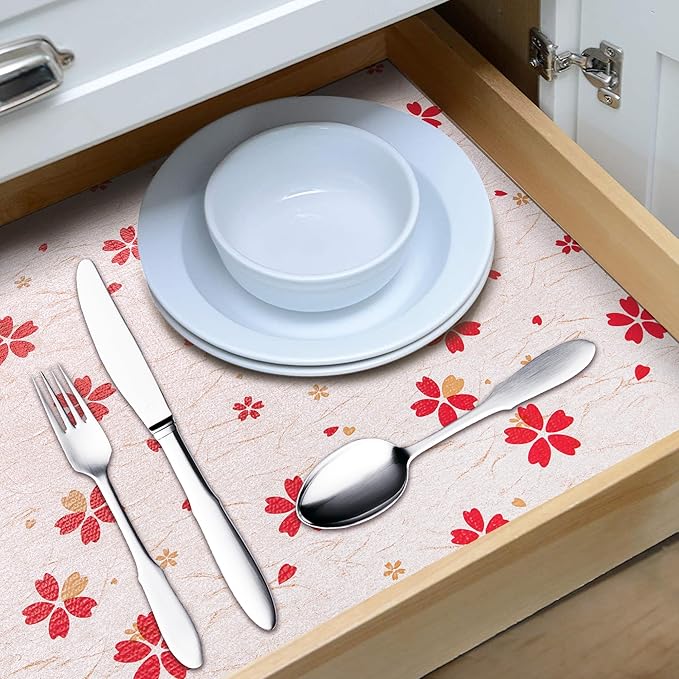 RAY STAR 18X96 Inch Shelf Liner for Kitchen Cabinets, Non-Adhesive Cabinet Liner Washable, PVC Drawer Liner for Dresser Non-Slip Bathroom (Red Floral)(4 Roll)