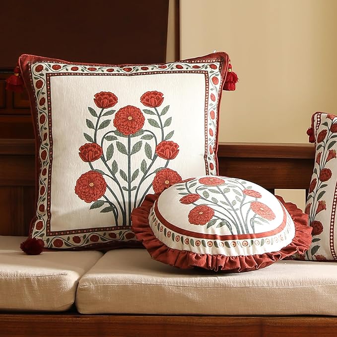 Round Throw Pillow Covers,Red Cozy Velvet with Leaves and Floral Pattern Pillowcases,Decoration Pillows Cushion Covers for Living Room Couch Sofa Bed Car Chair,Diameter 16"