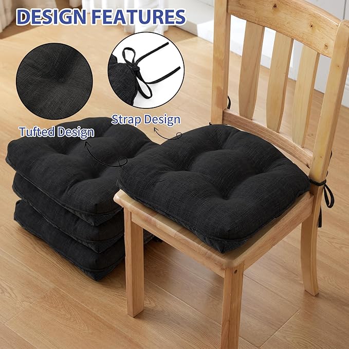 Chair Cushions for Dining Chairs Set of 2, Kitchen Chair Cushions, Chair Pads with Ties and Non Slip Backing, Tufted Memory Foam Seat Cushion 2 Pack, 15.5" x 15.5" x 4", Black