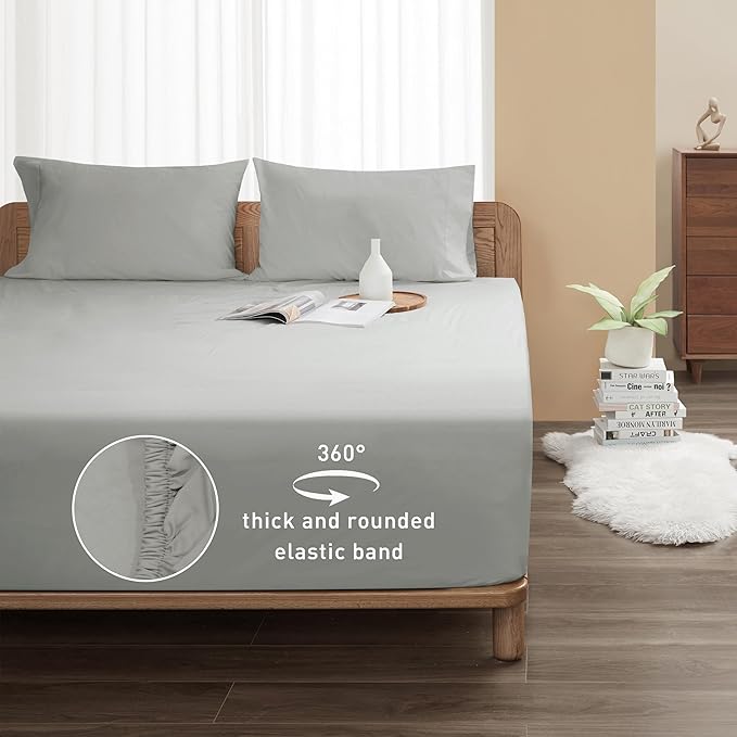 Sunflower California King Fitted Sheet, 1-Piece Extra Deep Pocket Fitted Bottom Sheet 22", 100% Cotton Sateen Soft Breathable, Silver Gray