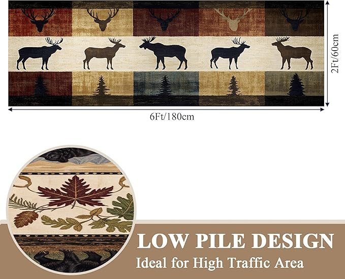 Colorful Elk Pine Tree Bohemian Hallway Rug 2x6ft with Checkered Texture - Retro Washable Kitchen Mat, Non-Slip Floor Decor for Dining Room Balcony, Canvas Art Style