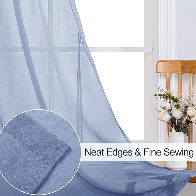 XWZO Sheer Curtains for Living Room with Tiebacks, Light Filtering Faux Linen Voile Grommet Window Curtains for Living Room, Farmhouse, Study, Dusty Blue, 52 x 63 Inches Length, Set of 2 Panels
